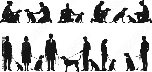 Dog training silhouette, human interaction, pet obedience, leash control, companionship pose, black icon, vector illustration, animal behavior, walk scene