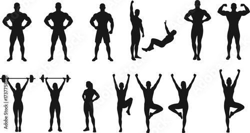 Fitness silhouette, yoga pose, bodybuilding icon, weightlifting figure, dynamic motion, human activity, vector illustration, black artwork, exercise stance