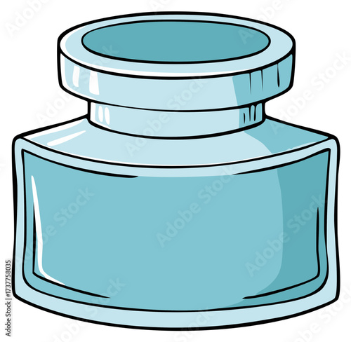 Cartoon illustration of an inkwell in blue with a simple design