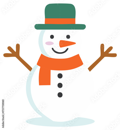 Cartoon Snowman with Green Hat and Orange Scarf Holiday Season Illustration
