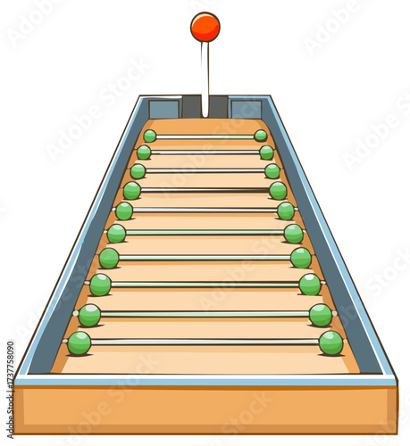 Classic pinball style game board with green obstacles and a red shooting lever illustration