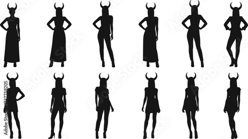 Horned humanoid silhouettes, fantasy character fashion poses, black vector art, costume design illustration, mythical figure lineup for stock content