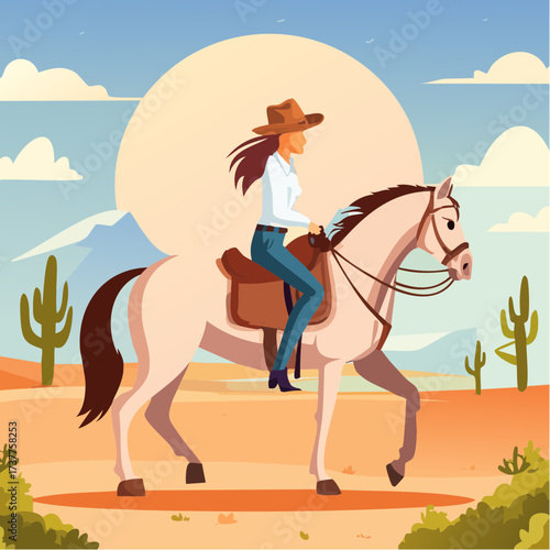 Cowgirl sur son cheval dans le désert, sable, cactus, vue de profil 