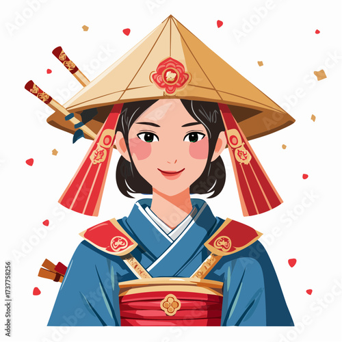 Jeune femme Asiatique souriante en habit traditionnel avec kimono et chapeau pointu, isolé sur fond blanc