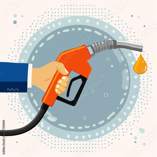 Illustration d'une main qui tient une pompe à essence, faire le plein, prix, carburant, isolé sur fond blanc
