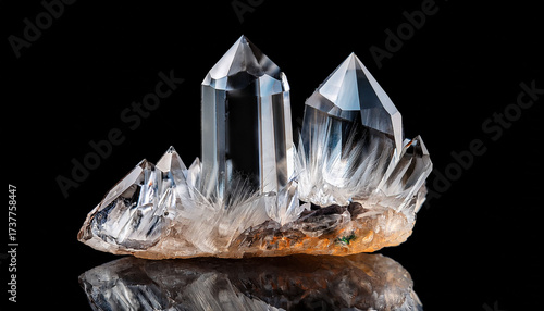 Shining Rock Crystal With Reflections On Black Background