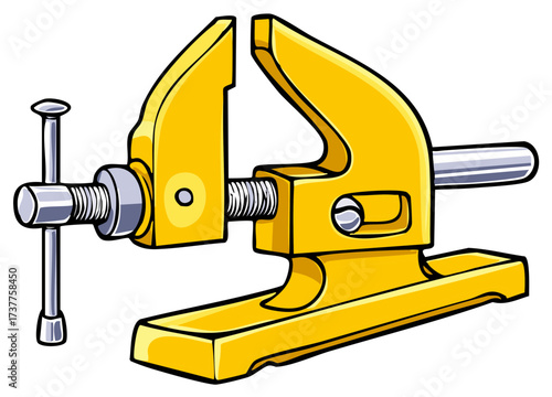 Bright yellow vise tool with metallic handle and screw for gripping and holding objects securely