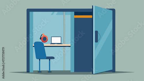 A private carrel with a sliding door for complete isolation and focus equipped with noisecancelling headphones.