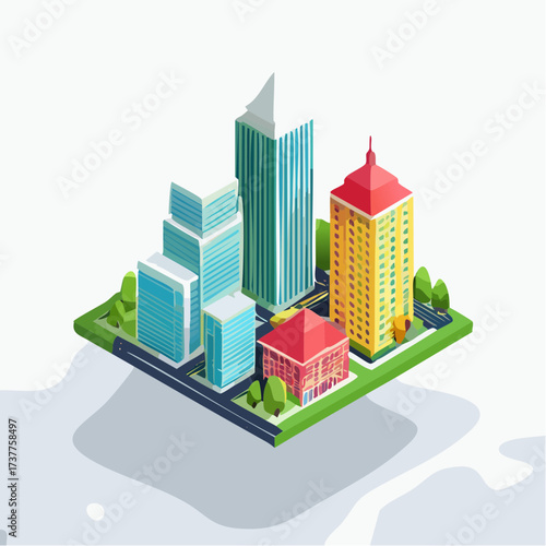 Jolie ville moderne représentée en 3D isométrique, isolé sur fond clair