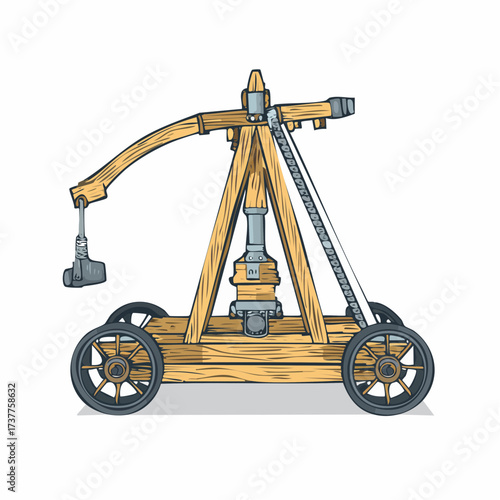 Trébuchet médiéval en bois, châssis sur roues, arme de siège, isolé sur fond blanc