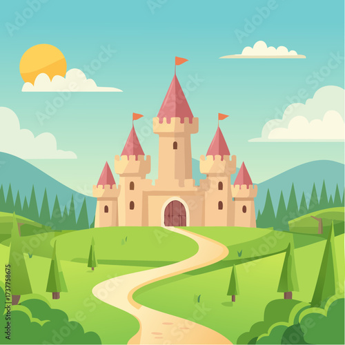Jolie illustration d'un château fort médiéval, nature, soleil