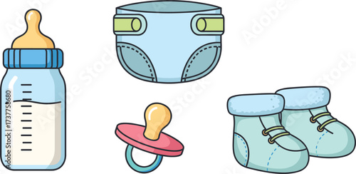 Baby care items, cartoon illustration, milk bottle, diaper, pacifier, baby booties, childcare essentials, parenting concept, infant products, newborn accessories, cute design, soft colors