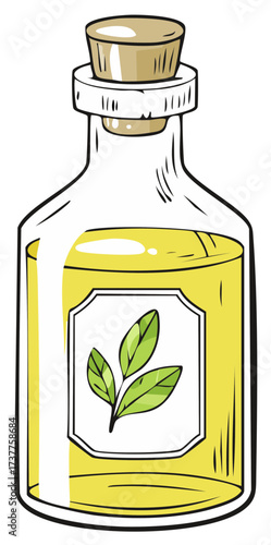 Cartoon bottle of yellow liquid with green leaves on label and cork stopper