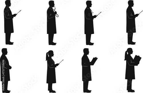 Medical professional silhouette vector set, healthcare worker clipart, doctor illustration, black hospital staff icons, clinical pose graphic design