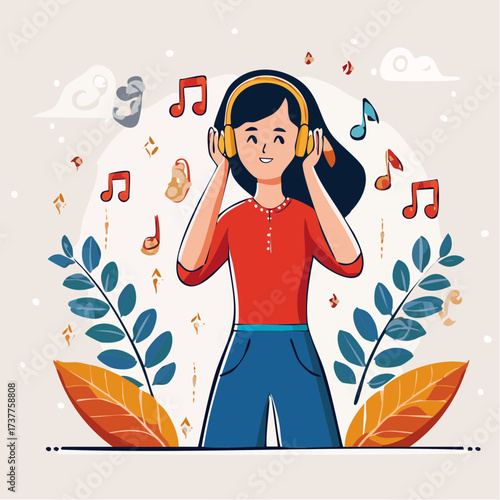 Jeune fille souriante et joyeuse écoute de la musque avec son casque audio
