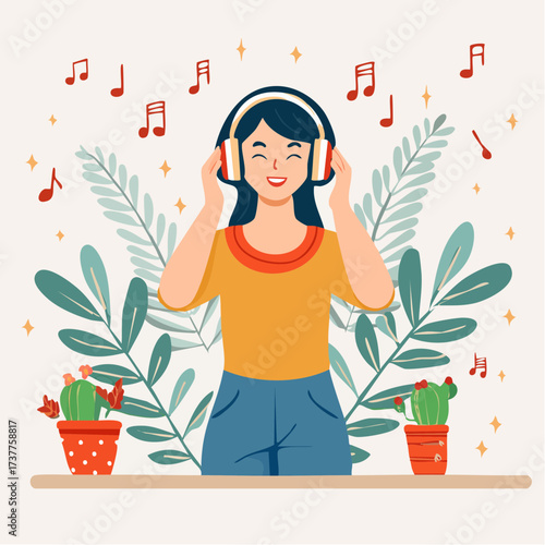 Jeune fille souriante et joyeuse écoute de la musque avec son casque audio