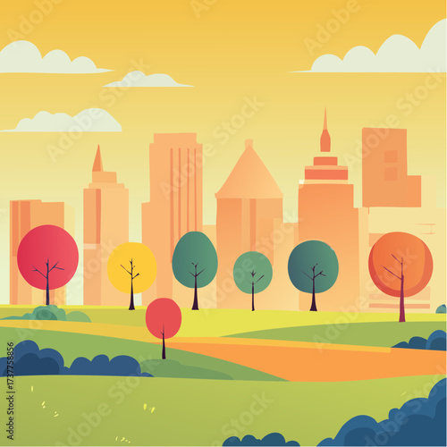 Paysage urbain, nature et ville composée de gratte-ciels en arrière plan, coloré, naïf, arbres, végétation, esthétique, écologie