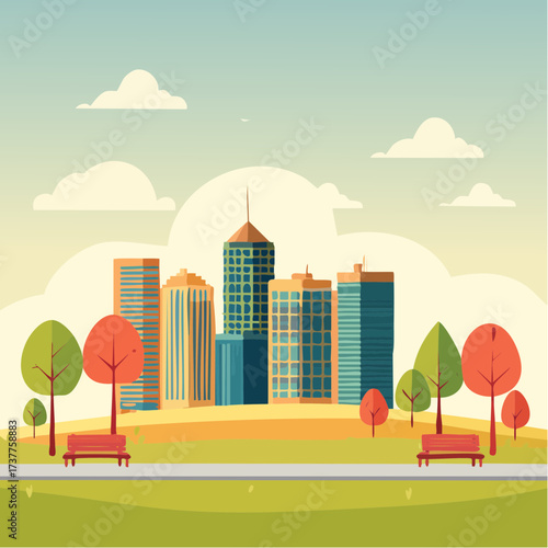 Paysage urbain, nature et ville composée de gratte-ciels en arrière plan, coloré, naïf, arbres, végétation, esthétique, écologie