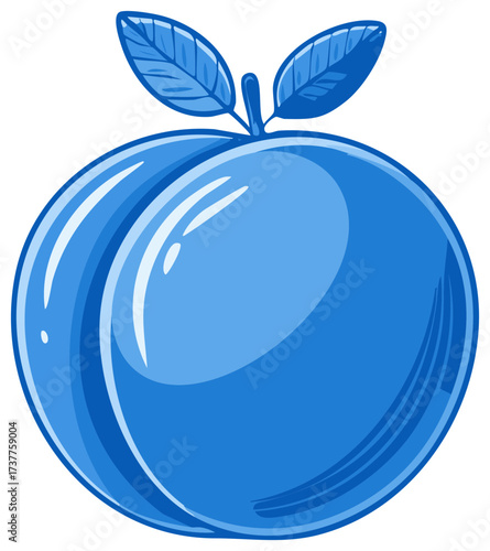 Stylized Blue Plum with Leaves Illustration on White Background, Fresh Fruit, Healthy Eating