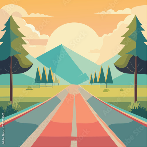 Une route qui traverse la nature, coloré, montagnes, sapins, soleil, nuages, couleurs pastels