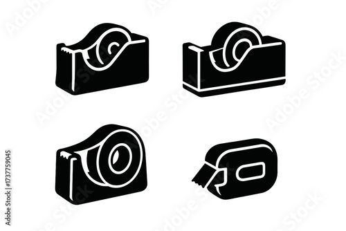 Office supplies silhouette icon set. featuring tape dispensers and tape rolls
