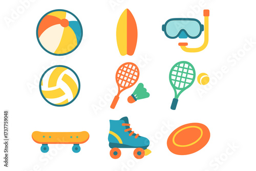Beach sports flat icon set. featuring beach ball, surfboard, snorkel, volleyball, racket, skateboard, roller skate, frisbee