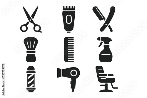 Barber tools silhouette icon set. featuring scissors, trimmer, razor, brush, comb, spray bottle, pole, hairdryer, chair