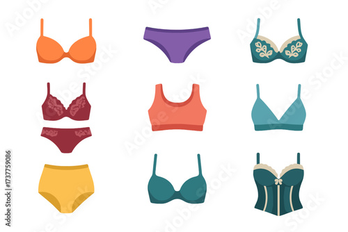 Lingerie flat icon set. featuring bra, panties, lace, sports bra, push-up, corset, bralette, undergarment, intimate wear