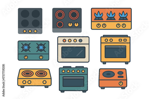 Kitchen appliances flat icons set. featuring oven, stove, cooktop, grill, burner, gas range, electric range, hob