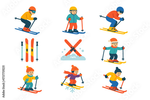 Winter sports flat icon set. featuring skiing, skier, poles, equipment, mountain, slope, snowboarding, helmet