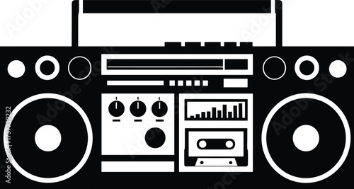 Vintage boombox silhouette, retro cassette player vector, black audio device icon for music nostalgia, 80s radio design illustration