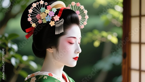 Traditional japanese geisha performance kyoto garden portrait photography serene environment close-up view cultural aesthetics
