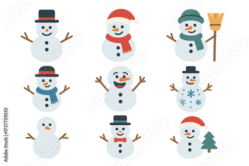 Winter snowman flat icon set. featuring snowman with hat, scarf, broom, and snowflakes