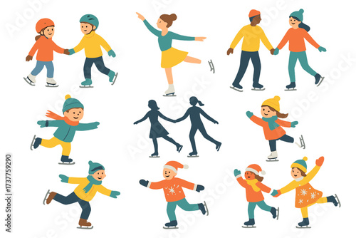 Winter activity flat icon set. featuring ice-skating, kids, snow, fun, outdoor, play, family, holiday, and winter sports.