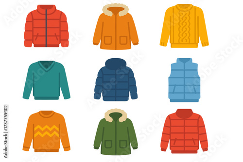 Winter clothing flat icon set. featuring jacket, coat, sweater, pullover, and parka symbols