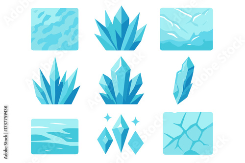 Nature elements silhouette icon set. featuring crystals, ice, and mineral symbols