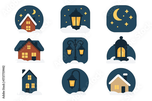 Nighttime elements silhouette icon set. featuring house, moon, streetlamp, stars, and windows symbols
