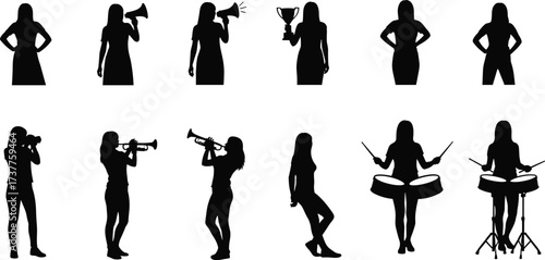 Women silhouette, female activity, trumpet player, photographer pose, drum performance, trophy winner, megaphone speaker, standing pose, vector illustration, black icons