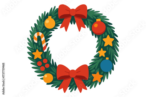 Christmas decorations flat icon set. featuring wreath, candy cane, bauble, bow, star, ribbon, and holly symbols