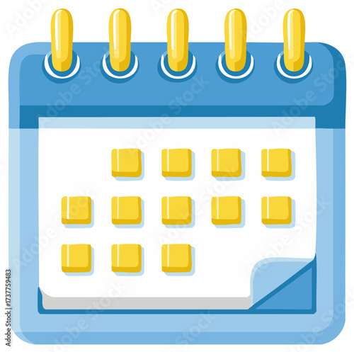Blue and yellow cartoon calendar with spiral binding and blank squares for dates