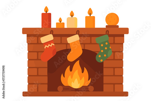 Christmas fireplace flat icon set. featuring stockings, candles, fire, gift, decorations, and holiday warmth