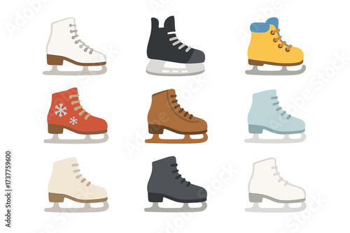 Winter sports flat icon set. featuring figure skates, hockey skates, snowflakes, and colorful footwear