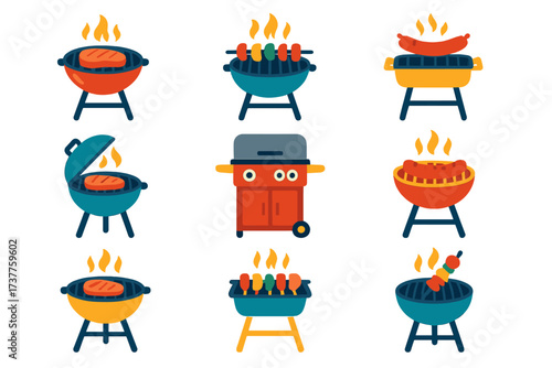 Bbq flat icon set. featuring grill, sausage, steak, kebab, flames, barbecue, smoker, picnic, and skewer symbols