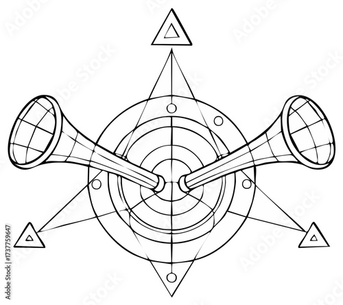 Abstract geometric illustration featuring stylized horns and directional triangles for sound or communication symbolism
