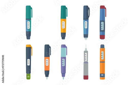 Stationery flat icon set. featuring pens, markers, and highlighters in vibrant styles.