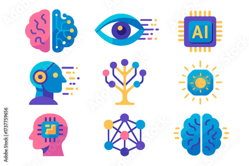 Artificial intelligence flat icon set. featuring brain, eye, ai chip, neural network, and head profiles