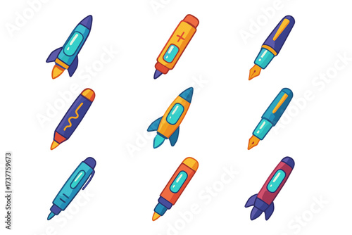 Space-themed flat icon set. featuring rocket, missile, pen, highlighter, and fountain pen