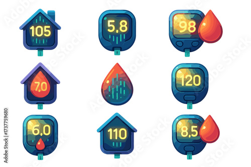 Diabetes health glowing icon set. featuring glucometer, insulin, blood drop, sugar level, home symbols
