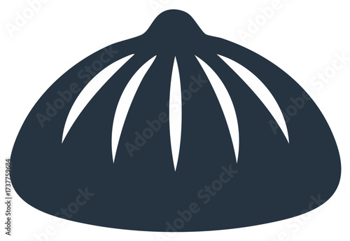 Stylized image of a dumpling icon. Food graphic with a dark blue and white color scheme.
