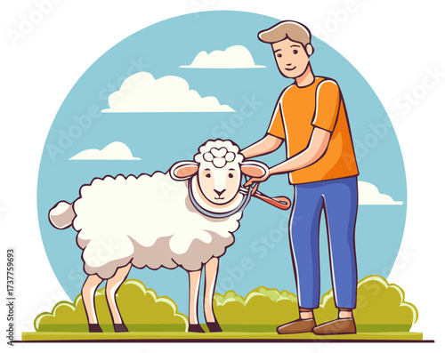 Man Holding Sheep on Leash Outdoors on Sunny Day with Clouds